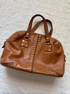 MK Brown Leather Stud Accent Satchel - Michael Kors Women’s Handbag